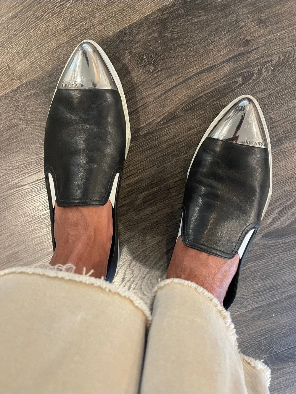 Miu Miu Black Leather Slip-Ons with Silver Cap Toe - Picture 6 of 9